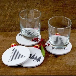 Holiday Time Black & White Winter Christmas Tree Ornament Coasters Set of 4